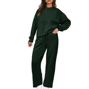 Women's Dark Green Knit Two-Piece Long Sleeve Sweatshirt & Casual Wide Leg Pocket Pants Set