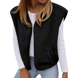 Womens Black Sherpa Fleece Vest Casual Sleeveless V-Neck Winter Outerwear Top Main View