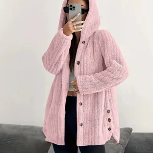 Women Casual Solid Color Long Sleeve Hooded Plush Jacket Loose Faux Fur Coat With Side Buttons For Autumn Winter