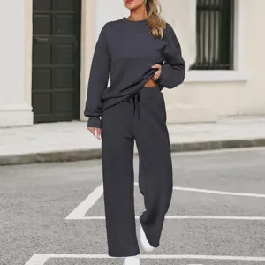 Women two piece knit tracksuit long sleeve sweatshirt wide leg pants casual lounge set detail