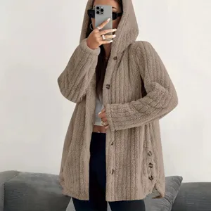 Women Fleece Hooded Jacket Casual Long Sleeve Button Solid Color Winter Warm Outdoor Coat