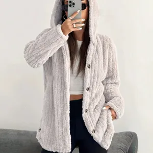 Women's solid color long sleeve hooded fuzzy fleece coat winter casual warm outerwear