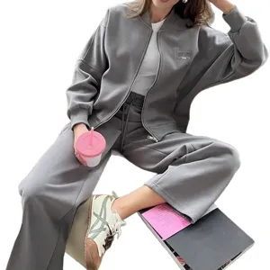 Women's casual autumn winter tracksuit set zip jacket wide leg sweatpants grey leisure