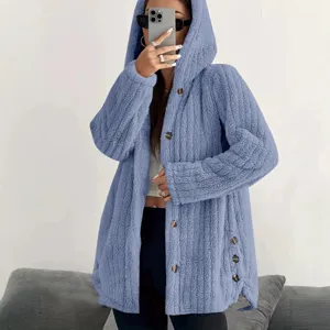 Women's solid color long sleeve hooded fleece cozy jacket casual outerwear main view display