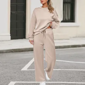 Women casual knit two piece set long sleeve sweatshirt and wide leg pants for daily wear.
