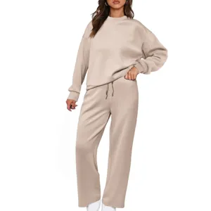 Women casual knit two piece set long sleeve sweatshirt wide leg pants sportswear outfit