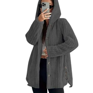 Solid color long sleeve hooded loose fluffy coat women, cozy autumn winter outerwear.