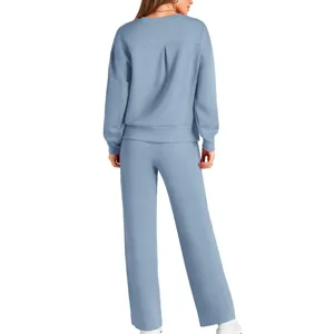 Women casual knitted two piece lounge set long sleeve top and wide leg pants back view
