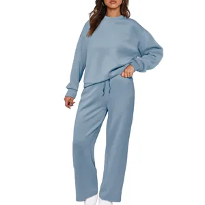 Women knit two-piece tracksuit long sleeve sweatshirt and wide leg pants set casual lounge wear