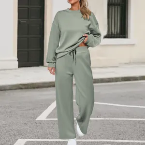 Women casual sage green two piece sweatsuit long sleeve pullover and wide leg pants
