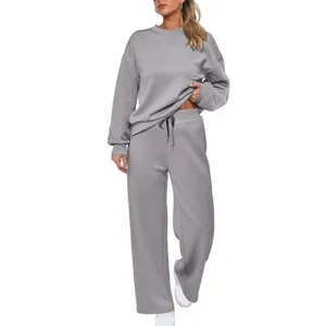 Detailed view of the soft knit long sleeve top and matching wide leg lounge pants set.