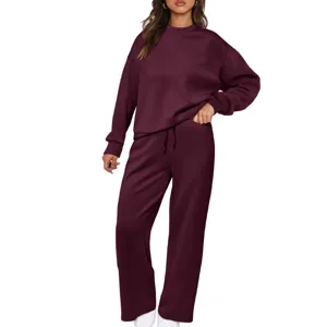 Women solid color long sleeve sweatshirt and wide leg pants casual two piece tracksuit set.
