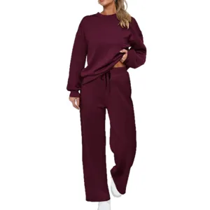 Women knit two piece set long sleeve sweatshirt and wide leg trousers casual lounge suit