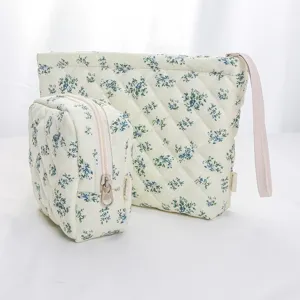 Quilted floral makeup bag set, portable storage cosmetic pouch with zipper and wrist strap.