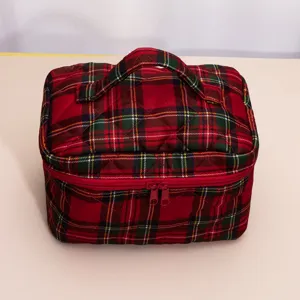 Red plaid quilted cosmetic bag large capacity portable travel makeup storage organizer