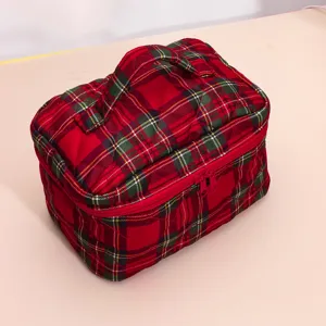 Red green plaid quilted cosmetic bag, large capacity travel makeup storage organizer handbag.
