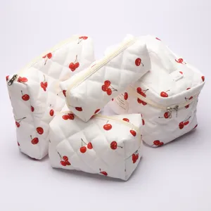 Cherry quilted makeup bag set cute travel cosmetic pouch portable toiletry organizer bag