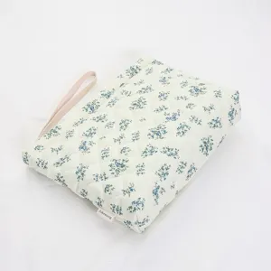 Quilted floral makeup bag with wrist strap, cute cosmetic organizer for women daily travel storage