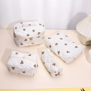 Quilted bear cosmetic bag set, large capacity portable travel toiletry storage pouch.