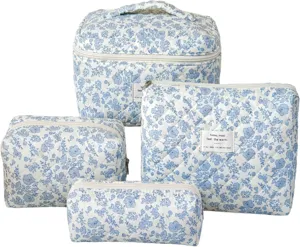 Quilted floral cosmetic bag set, large capacity portable travel makeup organizer pouch.