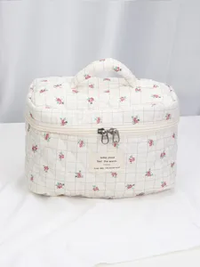 Quilted floral cosmetic bag with handle travel storage vanity case for daily use and travel