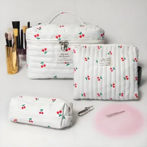 White quilted cosmetic bag set with red cherry print, large capacity travel storage organizer.