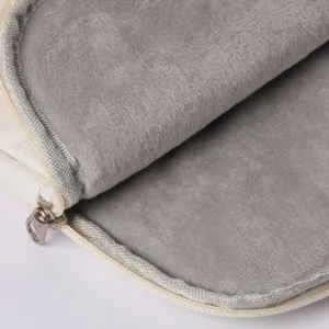 Vista dettagliata della morbida fodera in peluche grigio e della cerniera di una custodia.