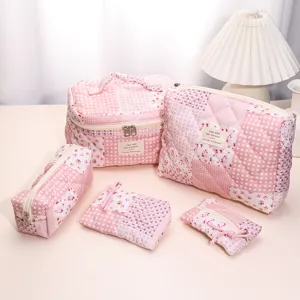 Quilted Cosmetic Bag Floral Padded Makeup Pouch Portable Travel Toiletry Bag Ins Style Cute Storage Organizer Bag