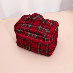 Quilted cosmetic bag detail view, large capacity portable travel makeup storage case for women.