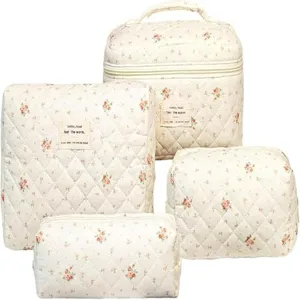 Quilted floral cosmetic bag set of four pieces, portable travel makeup pouch and toiletry organizer.