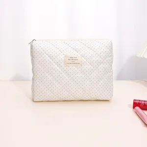 White quilted makeup bag with black polka dots, large capacity portable cosmetic pouch zipper storage.