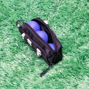 Portable golf ball pouch bag with 3 balls and tees, compact waist storage organizer.