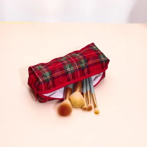 Red plaid quilted makeup bag with brushes, large capacity portable travel cosmetic organizer pouch.