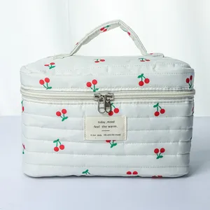 White quilted cherry makeup bag with handle, large capacity cute travel cosmetic organizer.