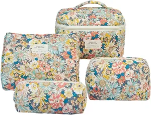 Quilted floral cosmetic bag set, spacious travel toiletry pouch and makeup organizer.