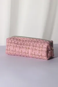 Pink tweed cosmetic bag portable travel makeup pouch stylish zipper pencil case daily storage