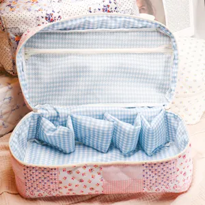Quilted cosmetic bag with floral print, blue grid interior, multi-compartment travel organizer.