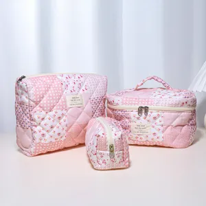 Quilted cosmetic bag set pink floral makeup pouch portable travel storage organizer.