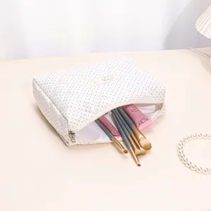 Detailed view of the quilted polka dot cosmetic bag showing its spacious interior.