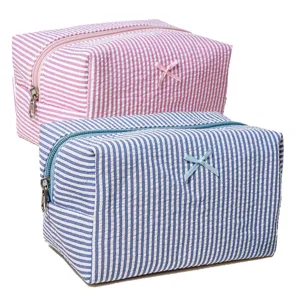 Seersucker striped cosmetic bag with cute bow large capacity travel makeup pouch set