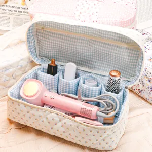 Quilted floral makeup bag large capacity travel organizer for hair styling tools and blow dryers.