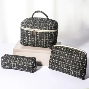 Black gold tweed cosmetic bag set, 3 pieces portable travel makeup organizer pouch.