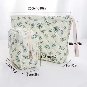 Quilted Floral Cosmetic Bag Set Portable Makeup Pouch Toiletry Travel Storage Organizer