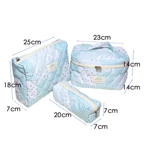 Quilted cosmetic bag set blue plaid floral toiletry travel storage organizer pouch 3pcs