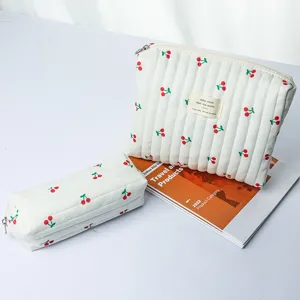Quilted white cherry print cosmetic bag set, large storage pouch and portable pencil case.