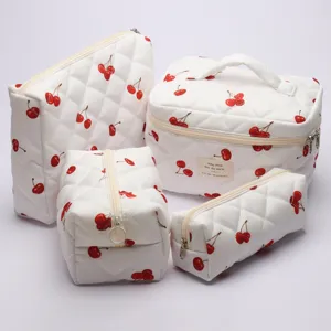 White quilted cherry cosmetic bag set travel makeup organizer storage pouch for women