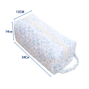 Quilted floral cosmetic bag detail view, portable storage pouch with zipper and handle.