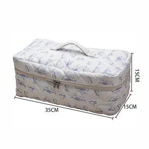 Quilted cosmetic bag large capacity portable hair styling tool storage travel case blue cat print