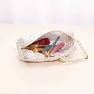 White Polka Dot Quilted Cosmetic Pouch Featuring Elegant Pearl Handle Makeup Bag Detail