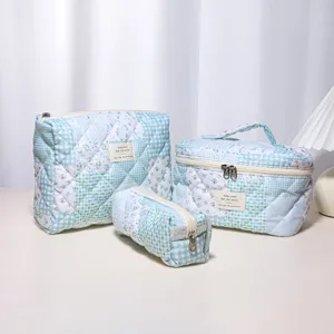 Quilted cosmetic bag set blue plaid floral makeup storage pouch portable travel organizer case